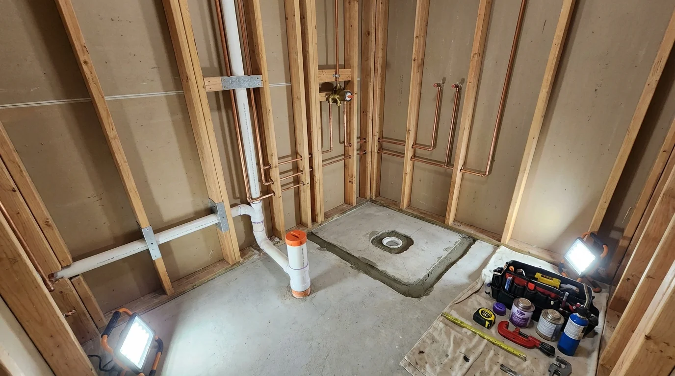 Bathroom rough-in plumbing during remodel by Johns Plumbing LLC in Red Hook