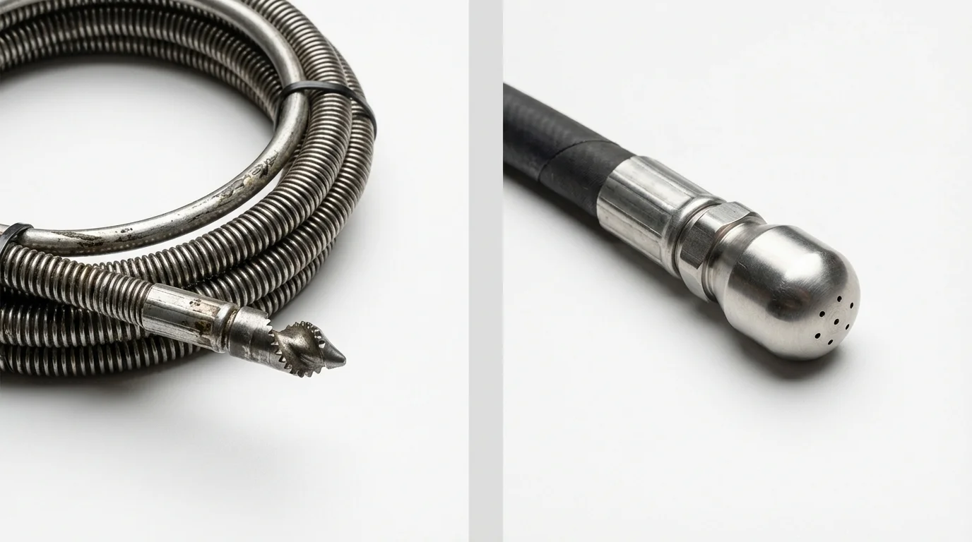 Drain snake cable and hydro jetting nozzle used for drain cleaning in Red Hook, NY