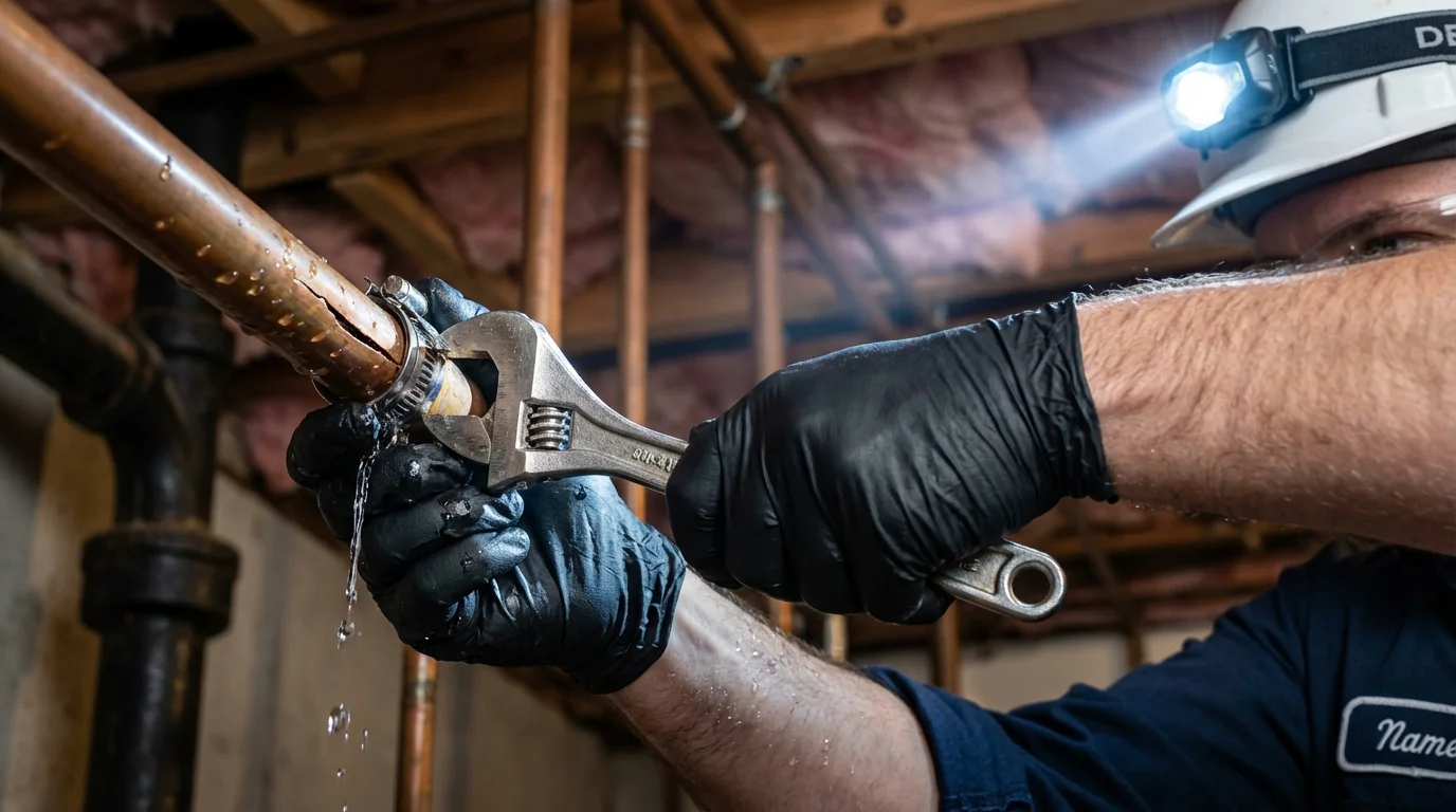 Emergency pipe clamp repair being performed by a Johns Plumbing LLC plumber in Red Hook