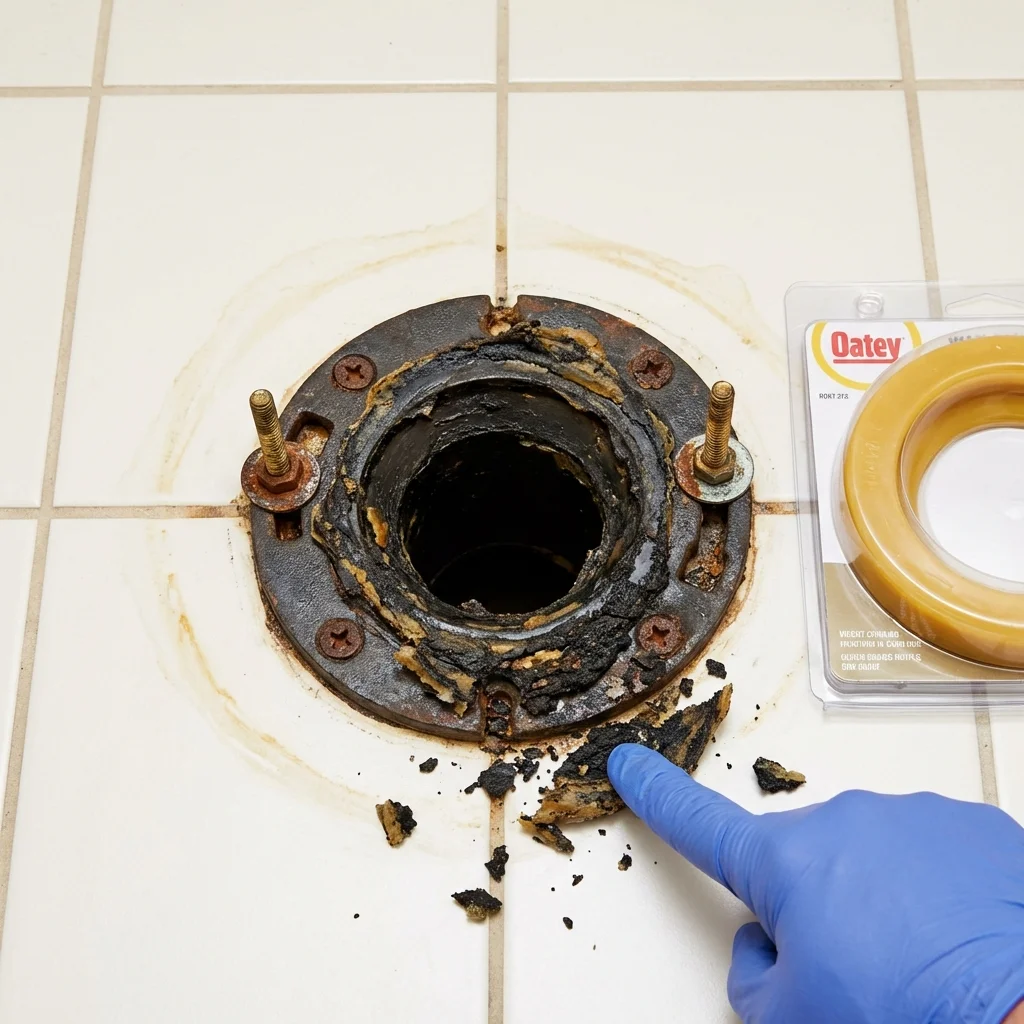 Failed wax ring showing water seepage at the base of a toilet in a Red Hook, NY home