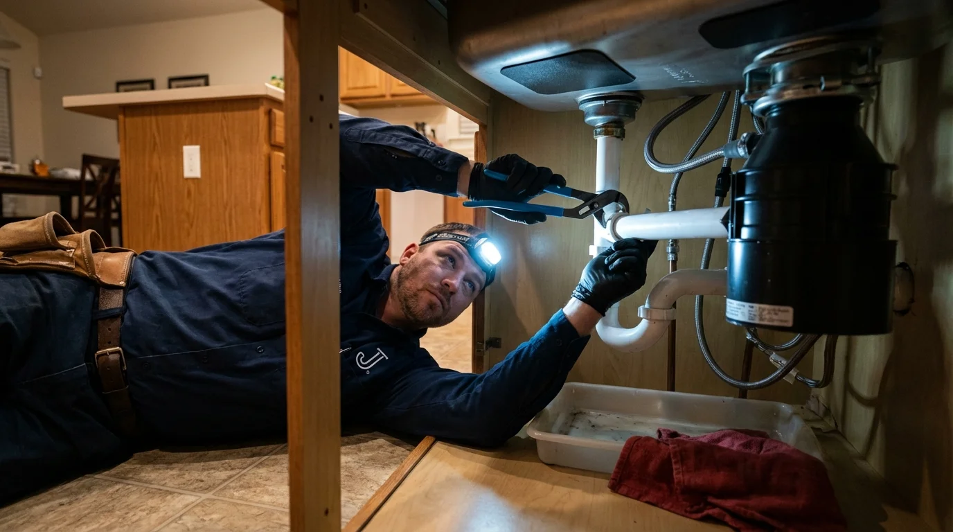 P-trap and supply line connections under a kitchen sink showing a common leak point in Red Hook, NY